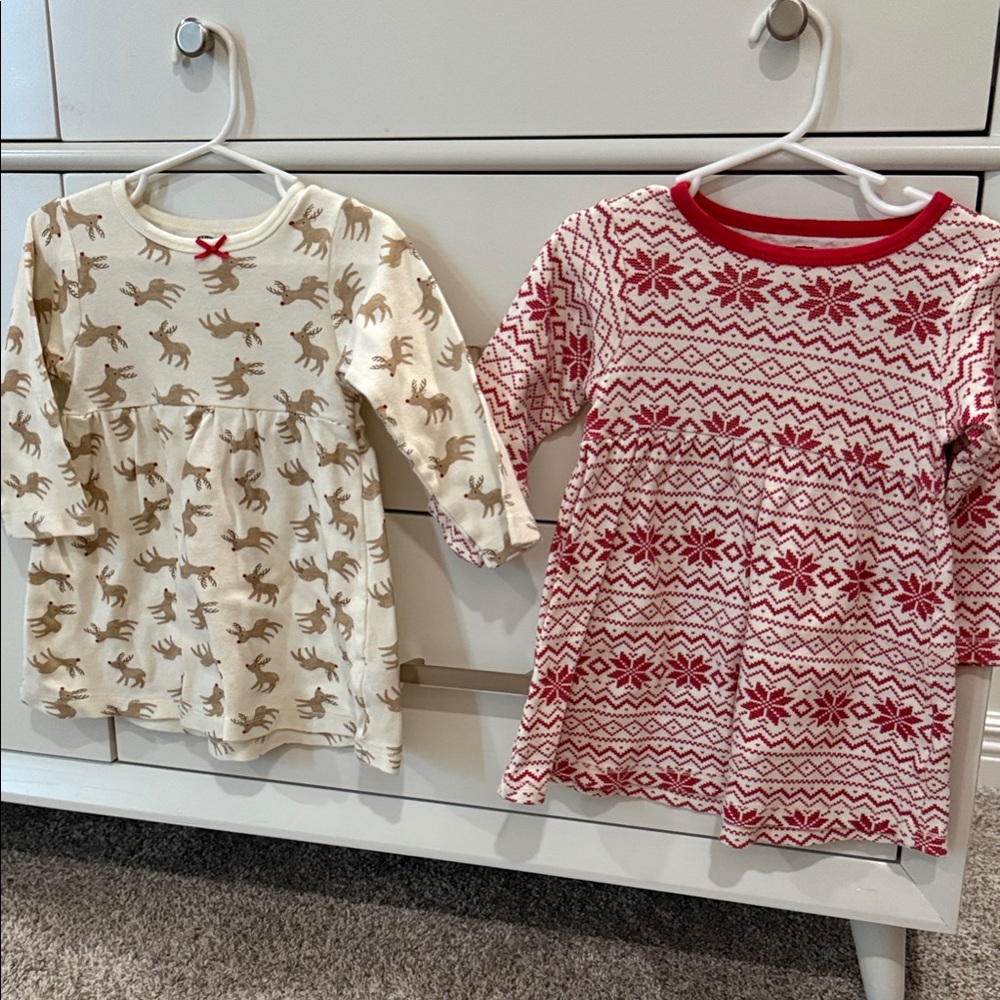 Set of Two Toddler Dresses with Reindeer and Snowflake Patterns
